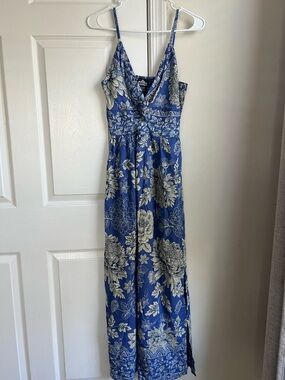 Angie Blue Floral Sleeveless Twist Front Bohemian Boho Beachy Maxi Dress Large